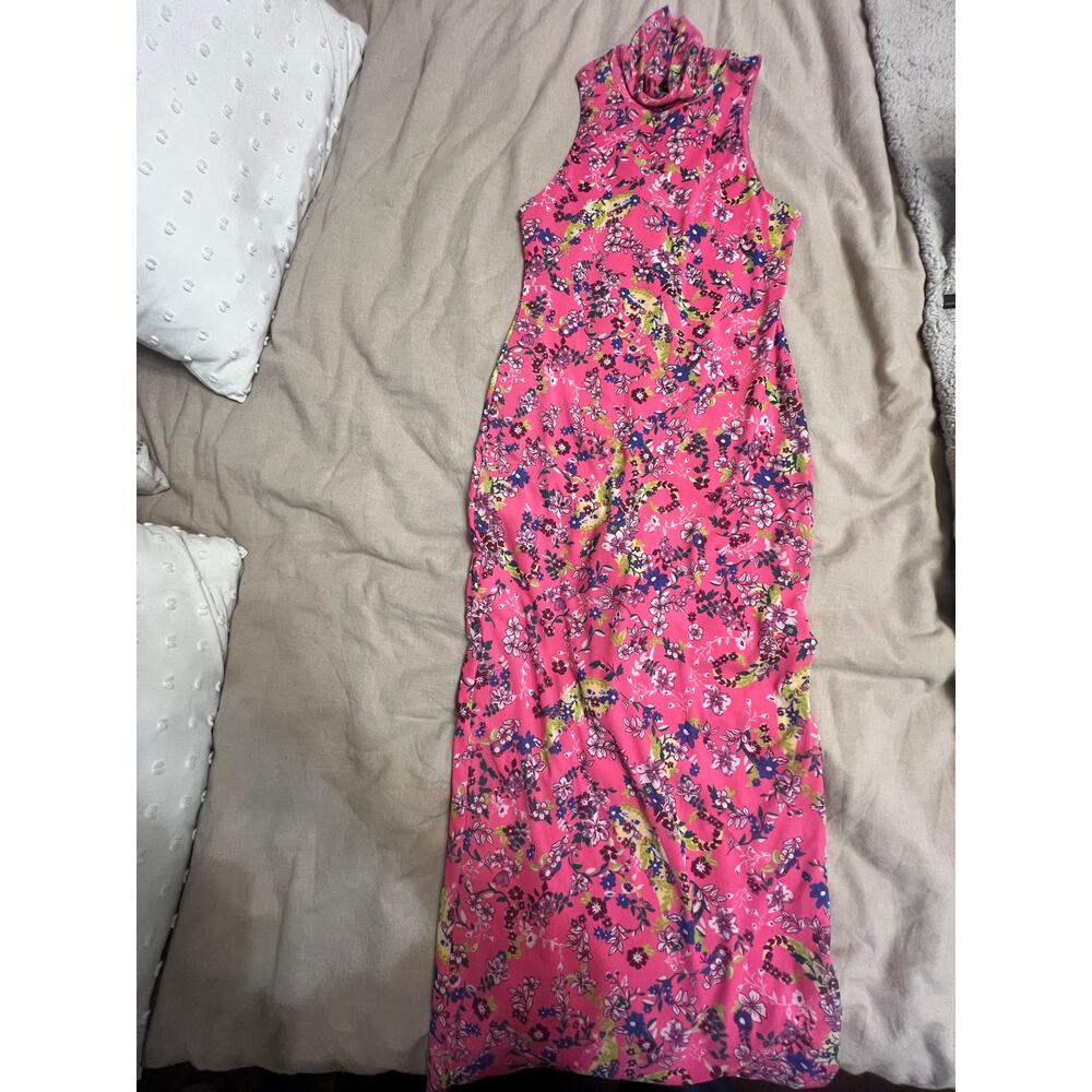 AFRM Poste Bright Pink Floral Mesh Turtleneck Sleeveless Midi Dress Size S - Picture 3 of 7